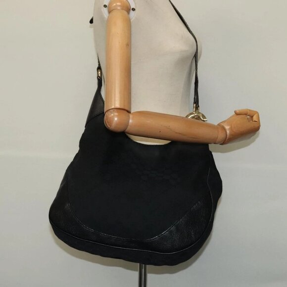 GUCCI GG Canvas Shoulder Bag Black Gold 203503 Auth